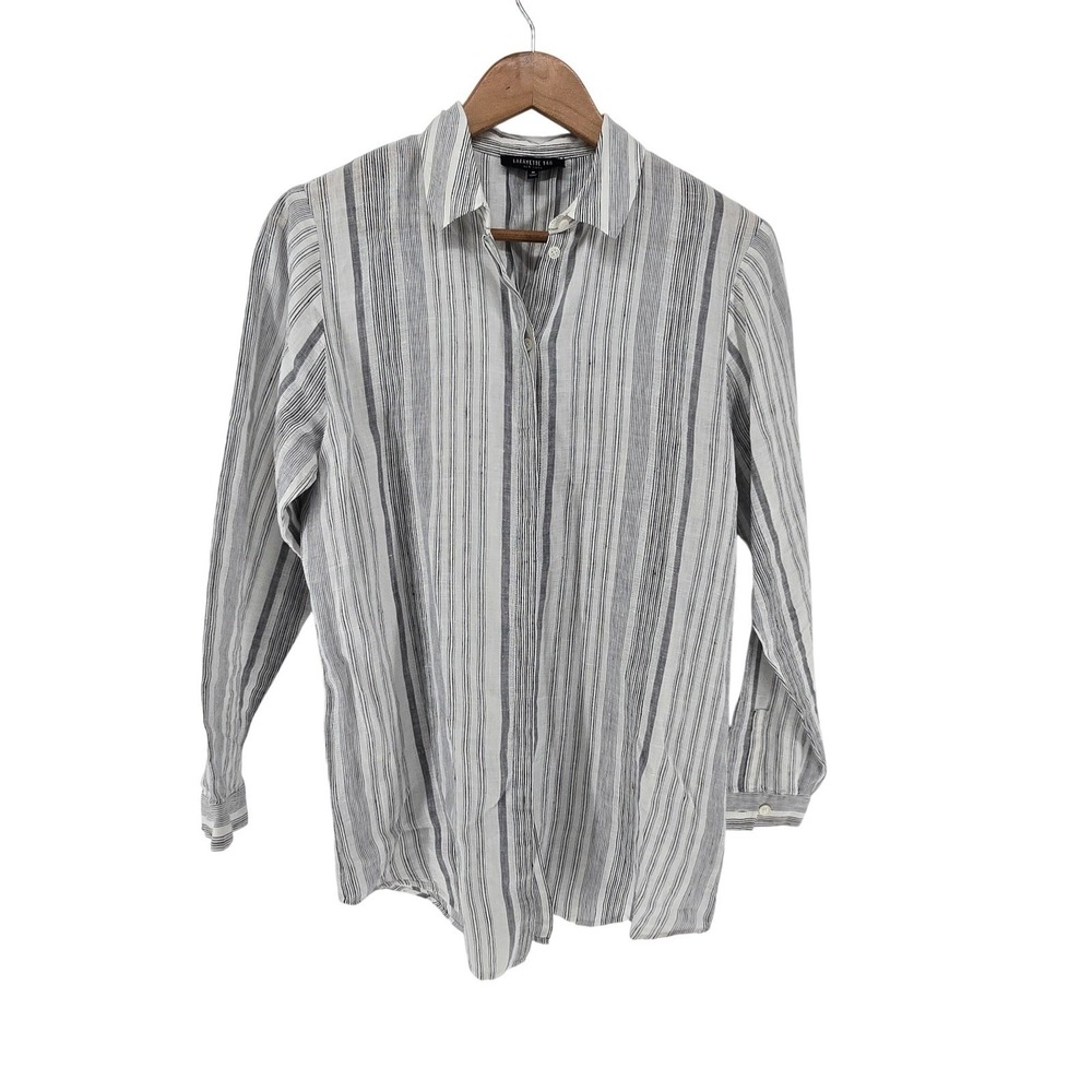 Lafayette 148 Button Down Shirt Womens Medium White Striped Linen Long Sleeve